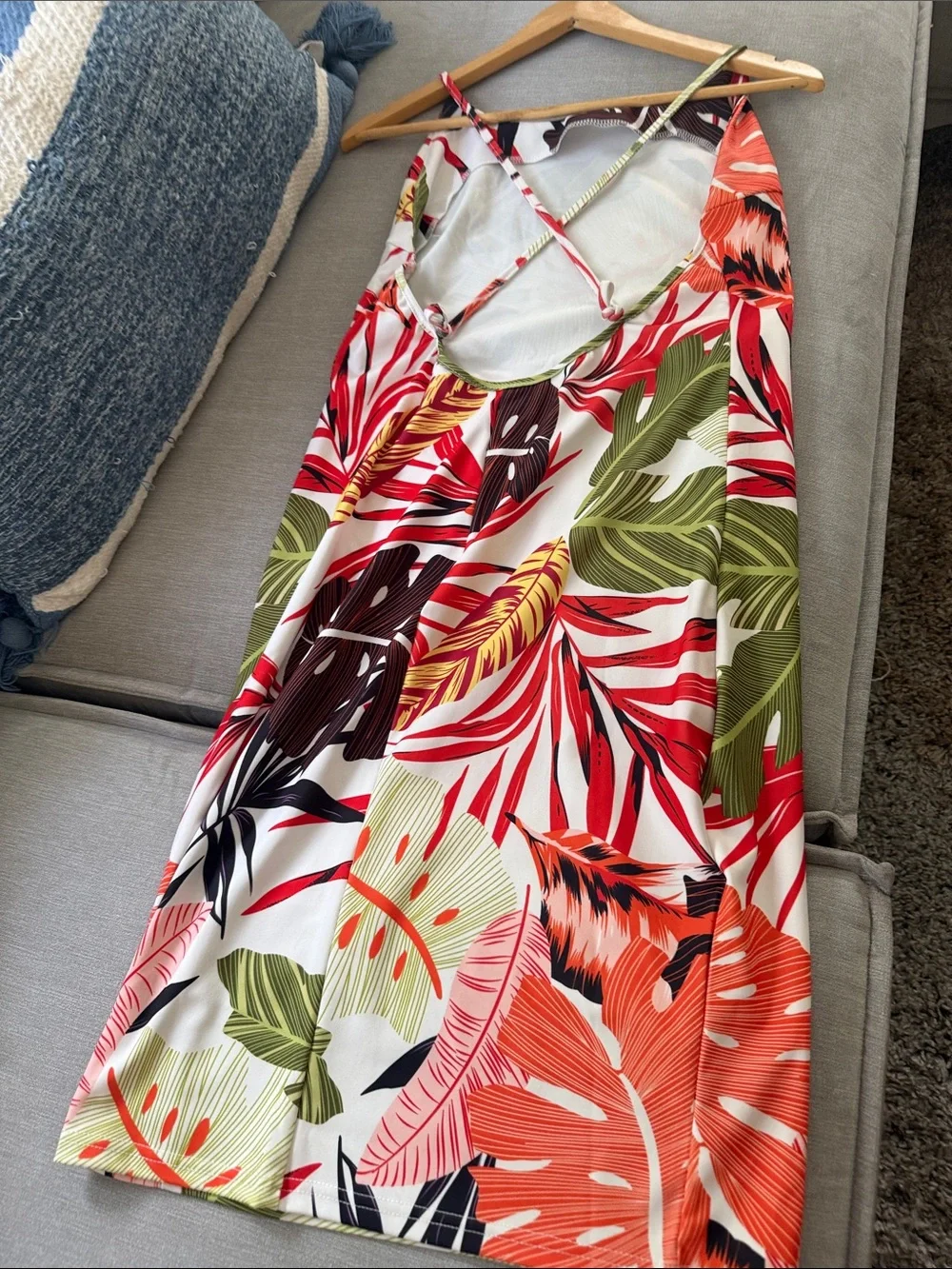 Boho Tropical Leaf Print Midi Dress - White Background with Green & Coral Leaves